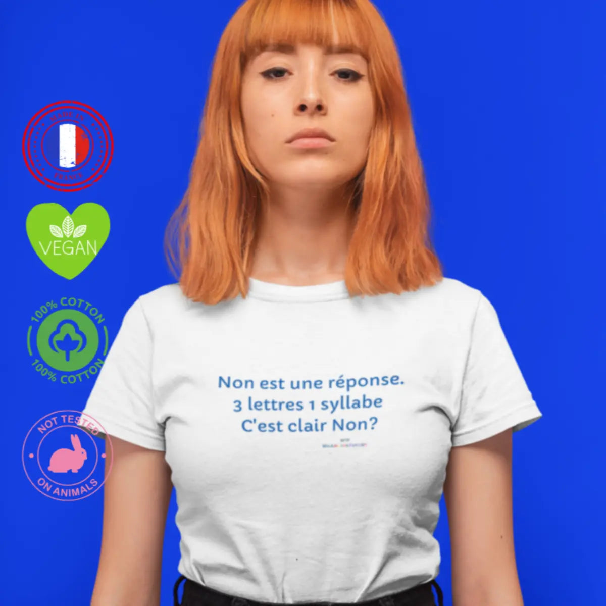 Femme portant un t-shirt féministe 'Non, c'est non' – vêtement engagé pour défendre les droits des femmes et sensibiliser au consentement