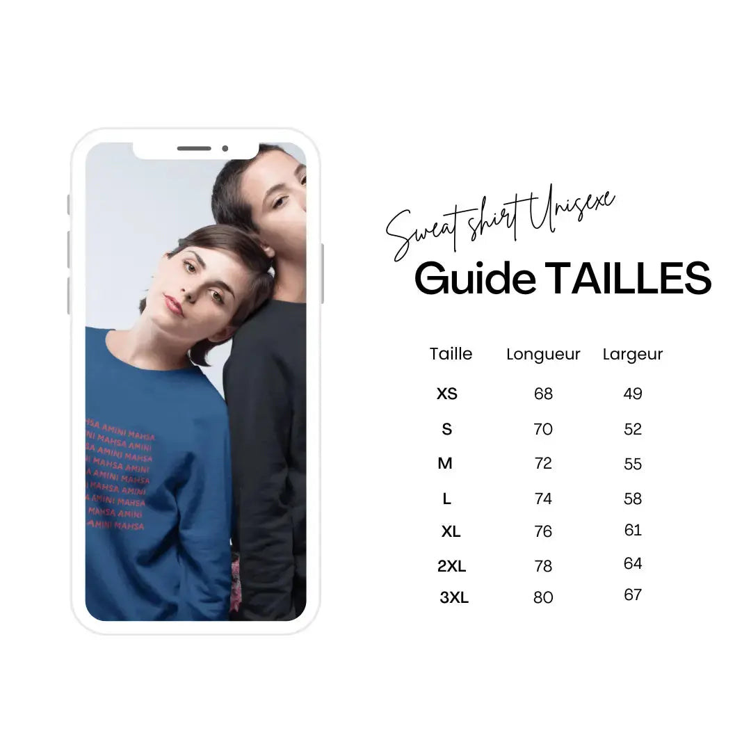 guide des tailles sweat shirt unisexe