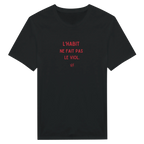 T-shirt unisexe noir avec inscription « L'habit ne fait pas le viol » – mode féministe engagée