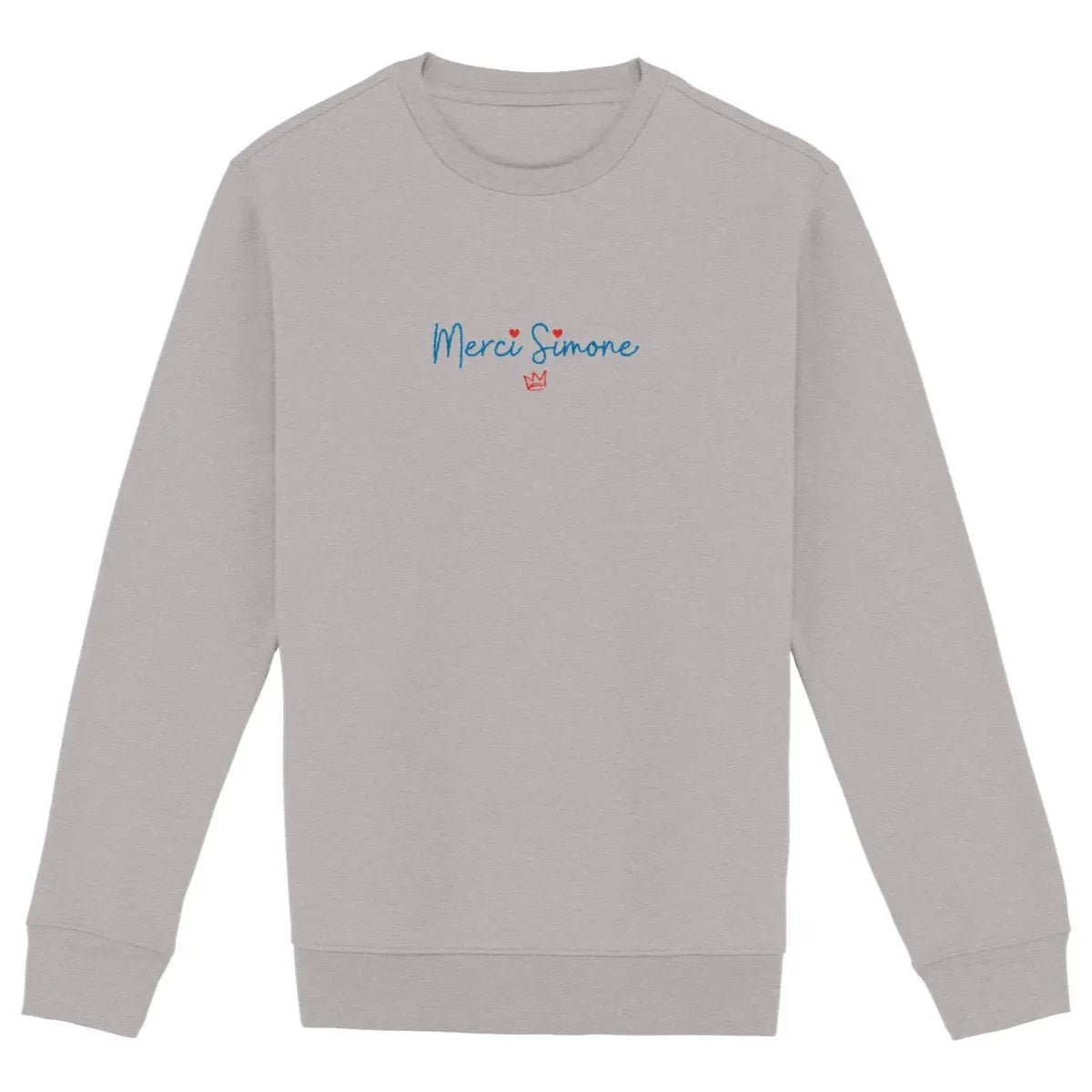 Le sweat-shirt féministe « Merci Simone » gris rend hommage à Simone Veil, femme d’État et figure essentielle de la défense des droits des femmes.