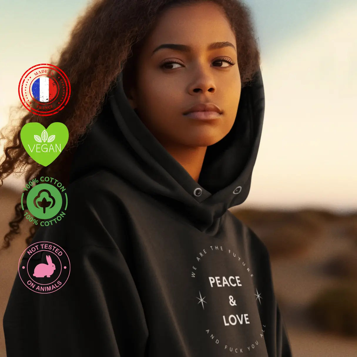 sweat shirt feministe peace and love à capuche 