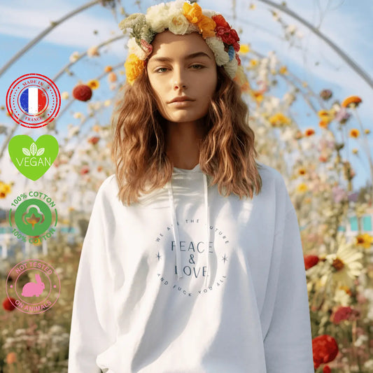 sweat shirt à capuche feministe peace and love blanc