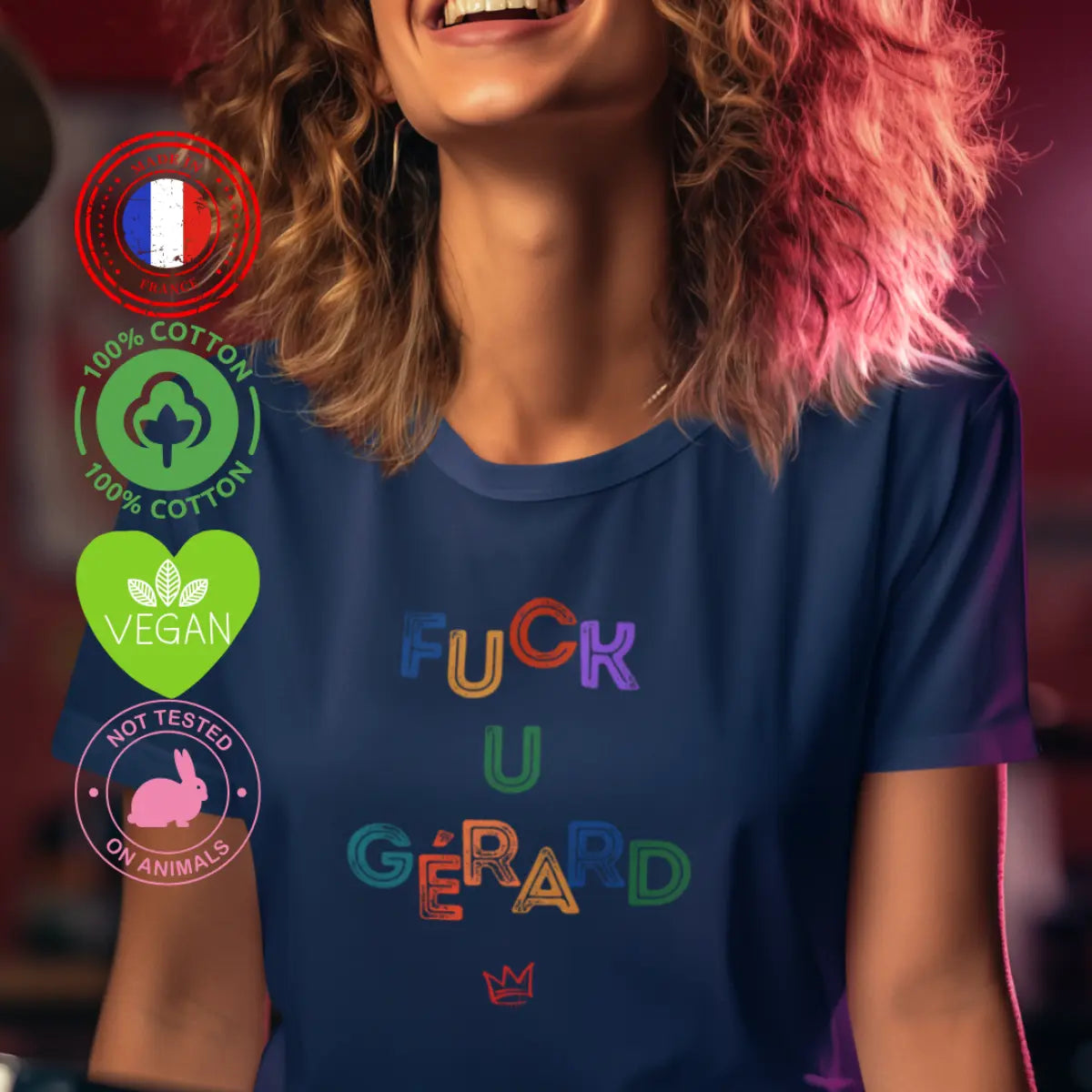 t shirt féministe fck you gérard bleu