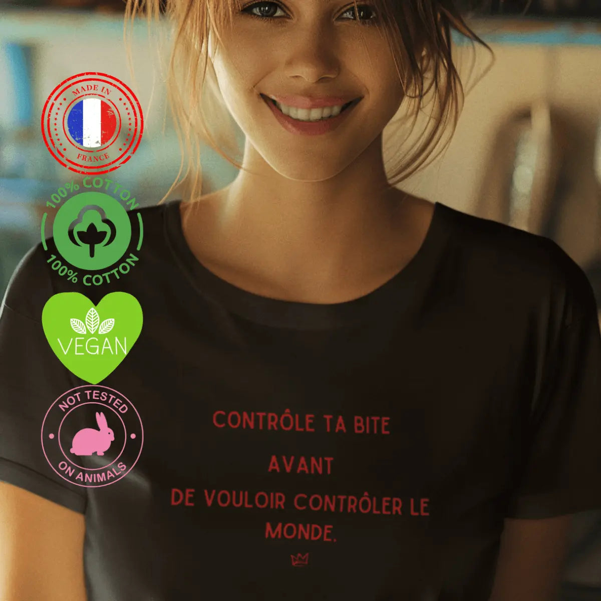 T-shirt noir Féministe - "Contrôle ta bite avant de vouloir contrôler le monde"