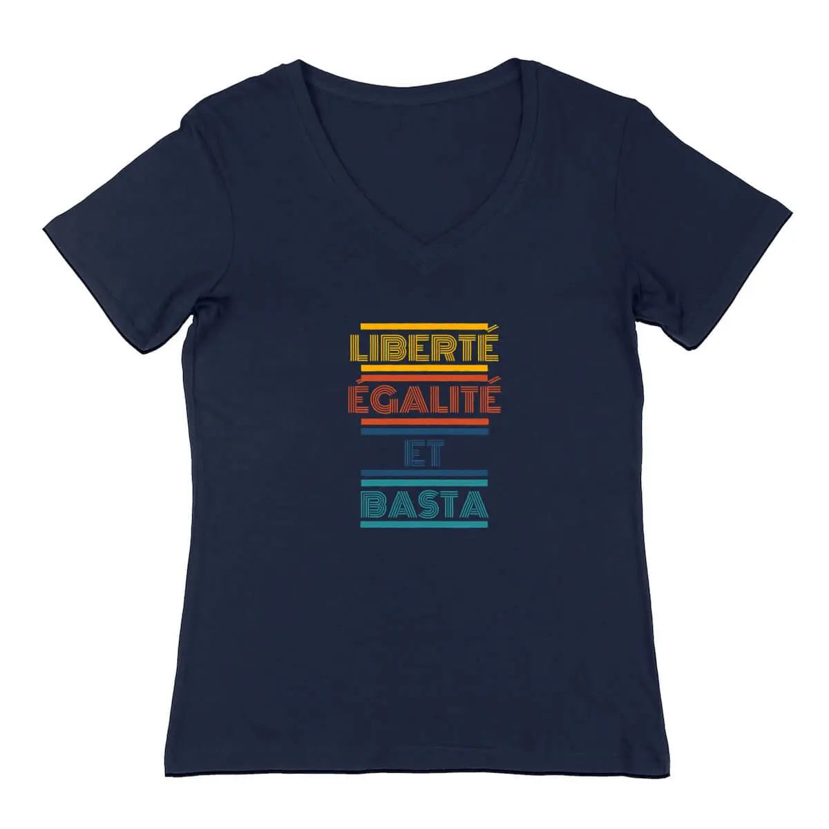 T-shirt femme Liberté égalité col v bleu
